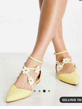 Asos Design Yellow Faux Leather Lydia Pointed Ballet Flats with White Flowers